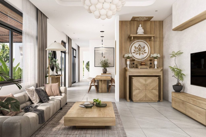 75+ Mẫu Phòng Khách kết hợp phòng thờ tối ưu diện tích thiết kế nhà